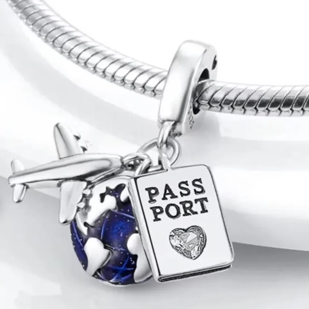 Sterling Silver Travel Airplane Passport Globe Dangle Charm-NEW